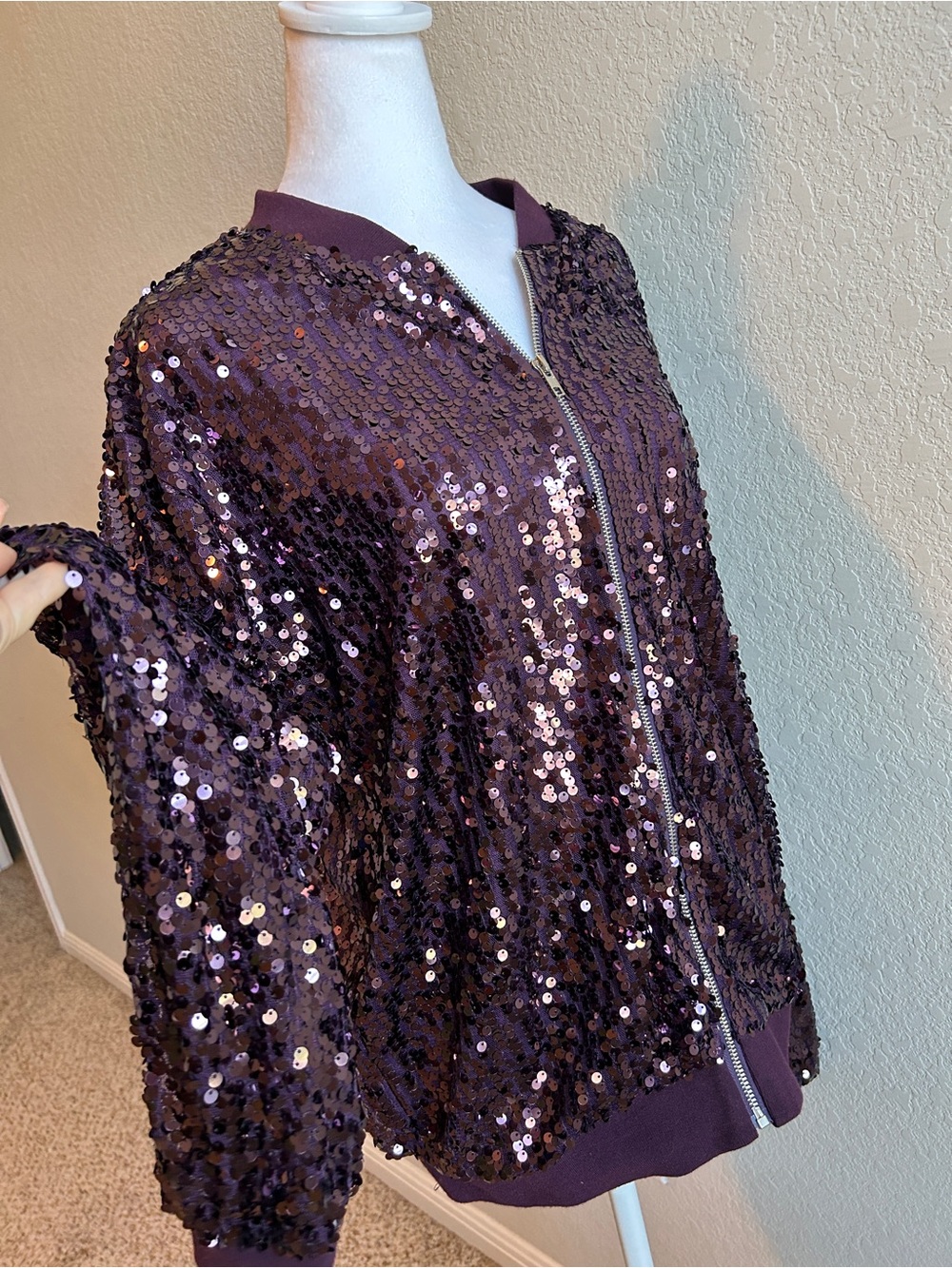 ANNA-KACI Sparkle & Shine Collection Purple Sequin Bomber Jacket Women’s Size XL - Picture 2 of 8